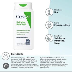 CeraVe Hydrating Body Wash 2 bottles- NEW 16 oz, White and Green Bottle